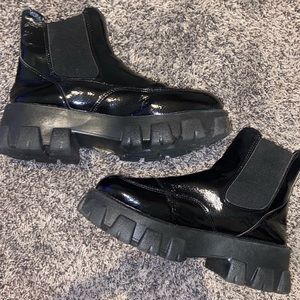 black faux leather boots